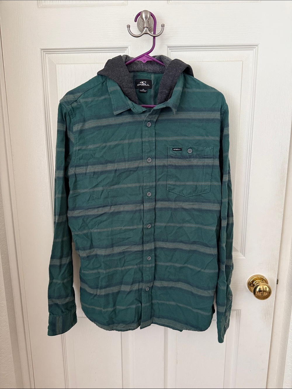 O'Neill Green and Gray Striped Hooded Lightweight Shirt Jacket
